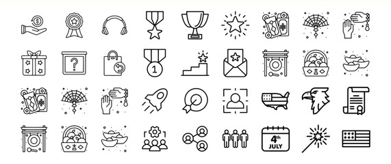 A diverse collection of icons depicting awards, shopping, celebrations, and cultural symbols, ideal for various design projects.