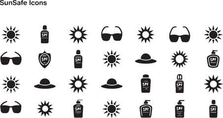 Flat summer safety icon set with sun, SPF 30, umbrellas, hats, sunscreen, and UV protection for digital wellness design themes