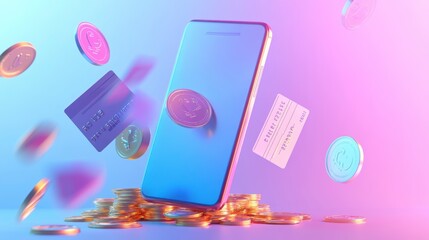Mobile phone with credit cards and coins, depicting online payment.