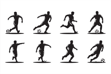 Clean vector silhouettes of football players dribbling, passing, and shooting on white background
