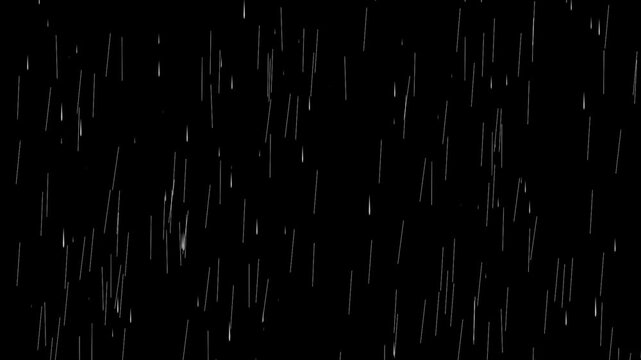 black and white texture Falling raindrops footage animation in real time on black background, Rain Overlay Background Rain Animation, Heavy rain drop, Simple white rain drops on black background.