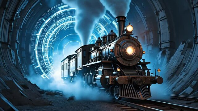 Steam train locomotive vintage transportation railway travel tunnel technology future ai art