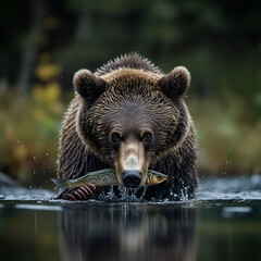 Obraz premium Grizzly bear catching fish in river natural habitat wildlife photography serene environment close-up view nature's majesty