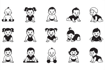 Black Silhouette Icons of 10 Playful Babies in Cute Poses for Toddler-Themed Designs