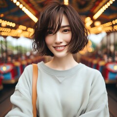 Cheerful Young Woman at Amusement Park in Joyful Expression and Carefree Moment with Generative AI.