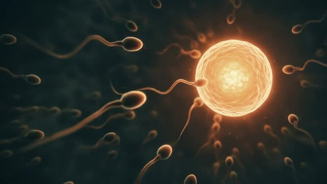 Fertilization: An intimate portrayal of fertilization, as numerous sperm cells strive toward an illuminated ovum, showcasing the wonder of conception and the dawn of new life.