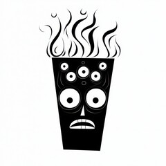 Black and White Stylized Face Illustration with Multiple Eyes and Steam