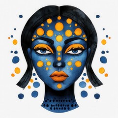 Blue Woman with Orange and Yellow Dots Watercolor Portrait
