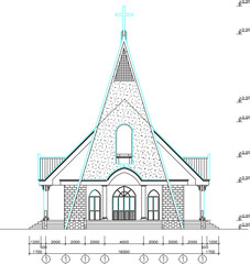 vector illustration of architectural design view of exterior facade of holy catholic church with classic vintage style 