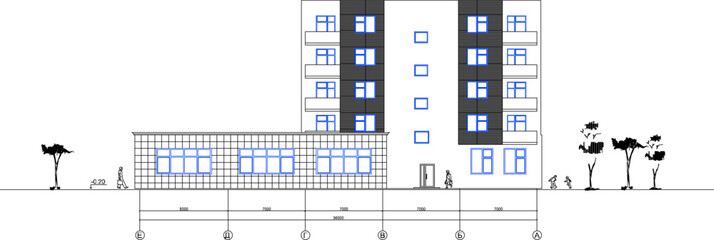 vector illustration of architectural design view of facade of modern multi-storey office building 
