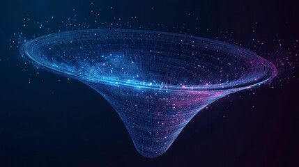 Abstract swirling vortex of light and particles, futuristic digital data flow concept.