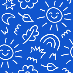 Seamless pattern of cute kids elements. Hand drawn fun childish print. Blue and white colors. Vector line illustration	