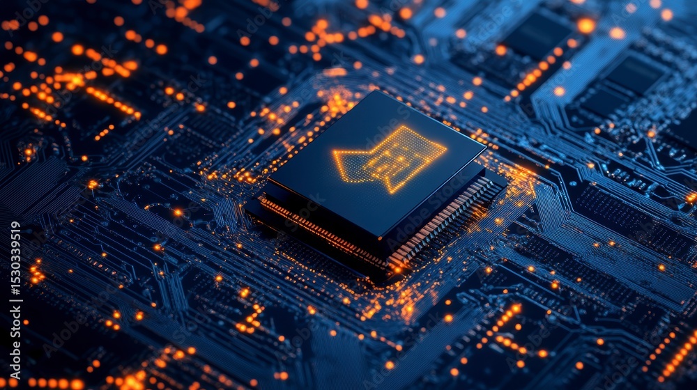 Wall mural close-up of a microchip with a glowing download icon, representing data transfer and digital technol