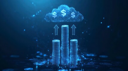 Digital currency cloud storage; money stacks increasing value online; financial technology concept.