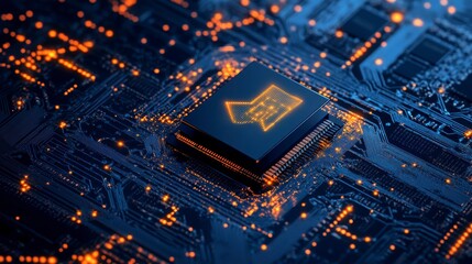 Close-up of a microchip with a glowing download icon, representing data transfer and digital technology.