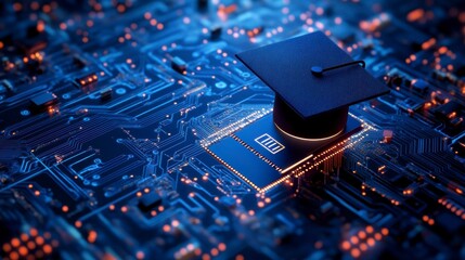 Graduation cap on a computer chip, symbolizing online education or tech in education.