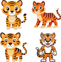 set of cartoon tiger in different poses isolated on white background
