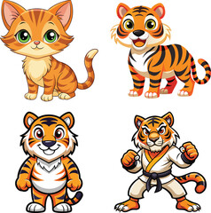 set of cartoon tiger in different poses isolated on white background
