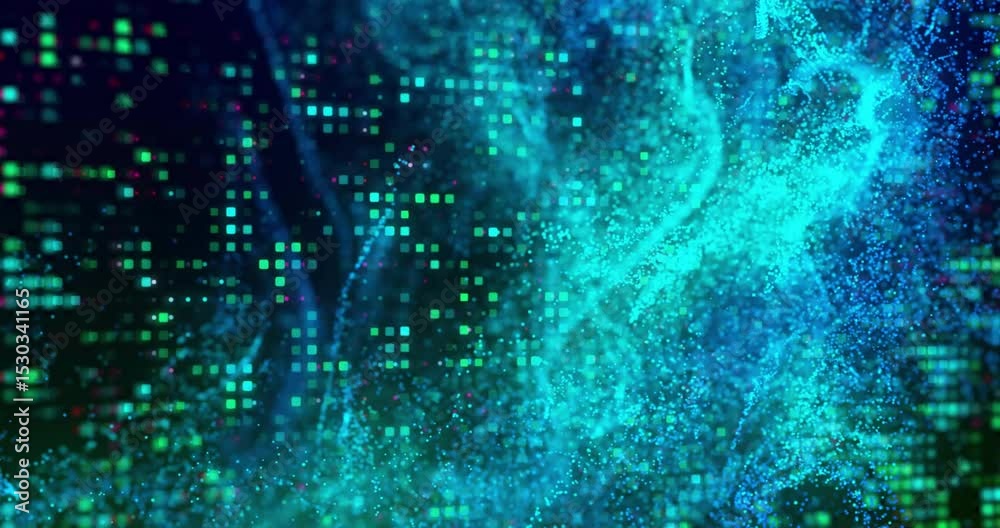 Poster particle stream emerging from lower left winding through neon grid, visualizing fluid data flow