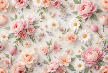 Elegant Flat Lay of Soft Pastel Roses, Peonies, Daisies, and Lavender on Cream Background – Romantic Floral Arrangement with Delicate Petals and Greenery for Spring or Wedding Theme