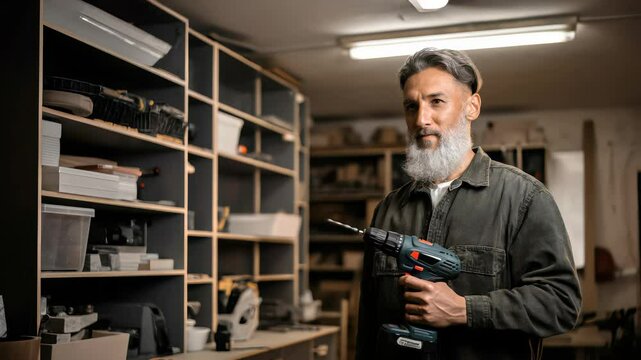 Crafting with tools in a workshop with a skilled craftsman holding a drill in a well-organized environment
