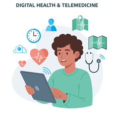 An illustration of a man interacting with a tablet, surrounded by icons symbolizing digital health services, telemedicine, remote monitoring, and online consultations. Represents modern healthcare, 