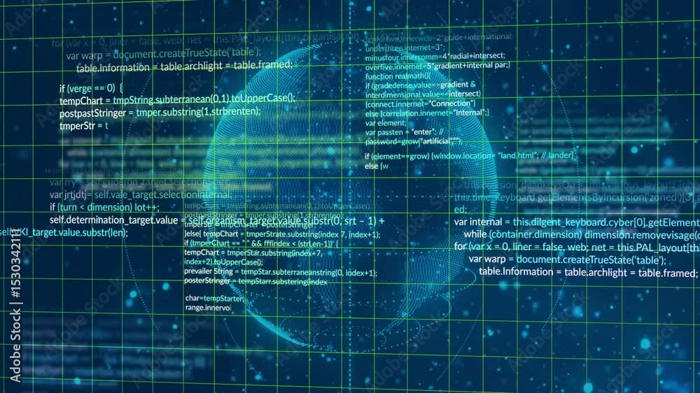 Poster on animation start, glowing blue wireframe globe rotating and streaming live code for visualization