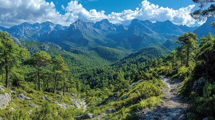 Obraz premium Lush mountain scenery with a hiking trail.
