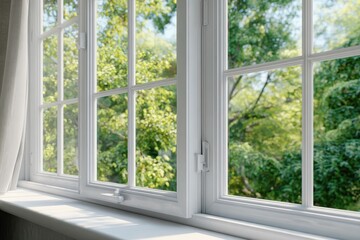 View of a window with a garden outside showing bright light and green foliage