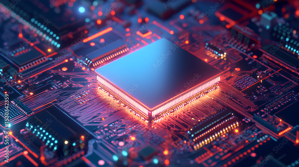 Poster artificial intelligence computer processor chip circuit 3d icon illustration render design stock ill