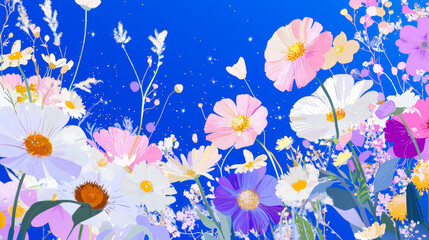 Festive blue tones flowers wildlife garden under starry night sky romance novel cover meditation relaxing scene plants botanic floral illustration with copy space