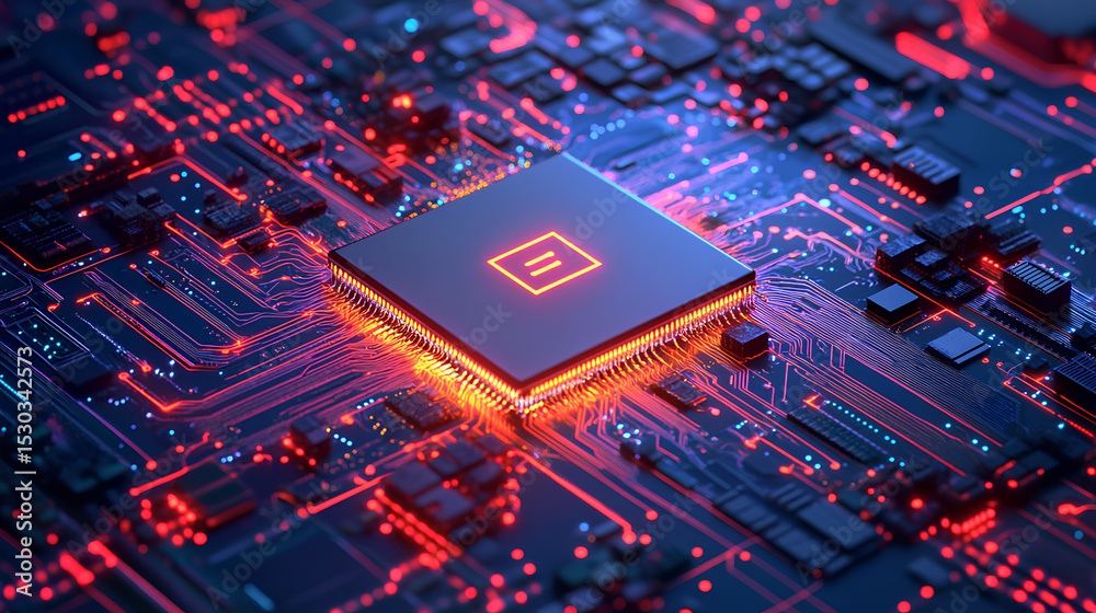 Poster artificial intelligence computer processor chip circuit 3d icon illustration render design stock ill