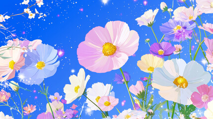 Playful vibrant pastel flowers in shades of pink, blue, and yellow, blooming against a sparkling starry night sky, creating a whimsical and peaceful garden scene with celestial glowing elements