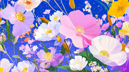 Playful vibrant pastel flowers in shades of pink, blue, and yellow, blooming against a sparkling starry night sky, creating a whimsical and peaceful garden scene with celestial glowing elements