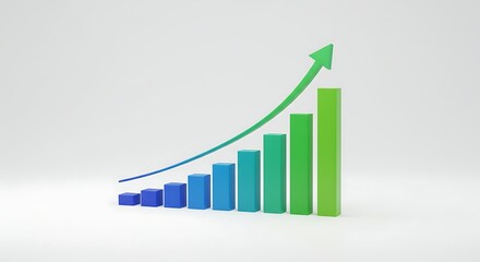 Rising Bar Graph with Green Arrow on White Background