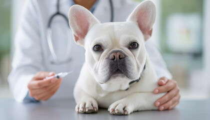 Pet French Bulldog is calm during vaccination scene at veterinary clinic where vet holds syringe preparing to give shot for dog health and safety