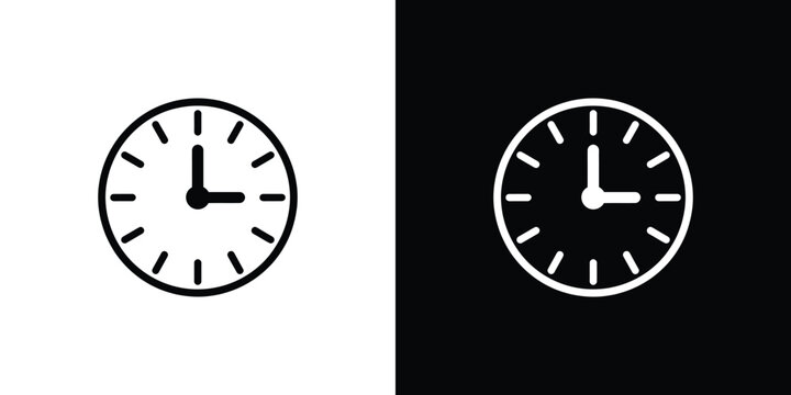 Clock Icon in Black and White, Depicting the Time of Nine O'Clock