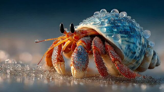Close-up of a Hermit Crab with a Blue Shell and Water Droplets on a Sandy Surface