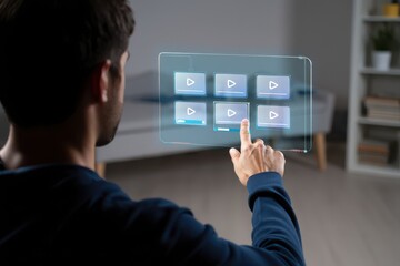 Man Interacting with Futuristic Transparent Display to Select Videos on a Digital Interface