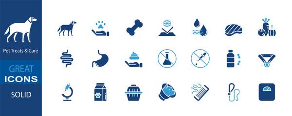 This solid-style icon set illustrates various aspects of pet treats and care, featuring dogs, leashes, hygiene practices, healthy food, supplements, and grooming items.