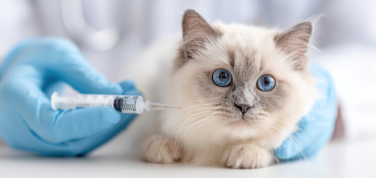 Pet cat with blue eyes is calmly lying down while veterinarian prepares vaccination in this caring scene to ensure animal health and safety