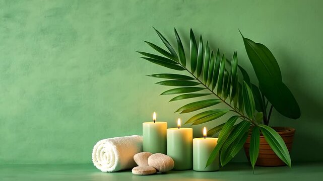 Serene Spa Still Life: Candles, Towel, Stones, and Palm