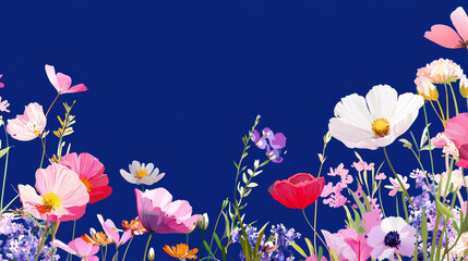 Cosmetic blooming flowers in shades of pink, yellow, white, and purple, set against a starry night sky, creating a whimsical and peaceful spring garden scene with lively, colorful blooms