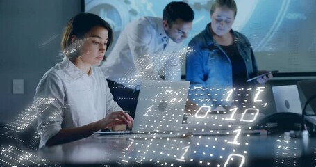 Developer typing on laptop launching binary grid, lead pointing, analysts tapping data for analysis - Powered by Adobe
