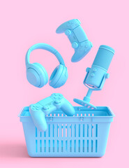 Flying gamer gears like mouse, joystick, headphones, VR glasses, microphone