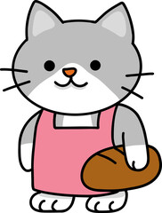 Hand drawn Cat and Career Doodle, Cartoon cat wearing an apron and holding a loaf of bread.