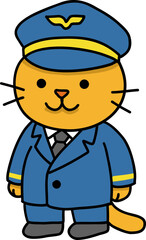 Hand drawn Cat and Career Doodle, Cartoon cat dressed as a pilot in uniform and hat.