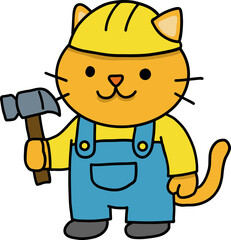 Hand drawn Cat and Career Doodle, Cartoon cat in a hard hat with a hammer in overalls.