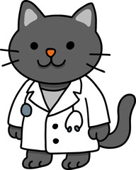 Hand drawn Cat and Career Doodle, Cartoon cat dressed as a doctor in a lab coat.