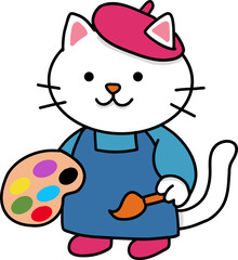 Hand drawn Cat and Career Doodle, Cute cartoon cat artist holding a palette and brush.